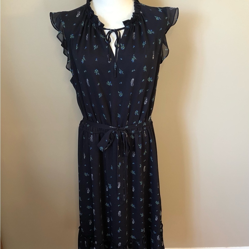 Ann Taylor Ruffled Cap Sleeve Black Floral Dress w/ Elastic Waist & Belt Size XL